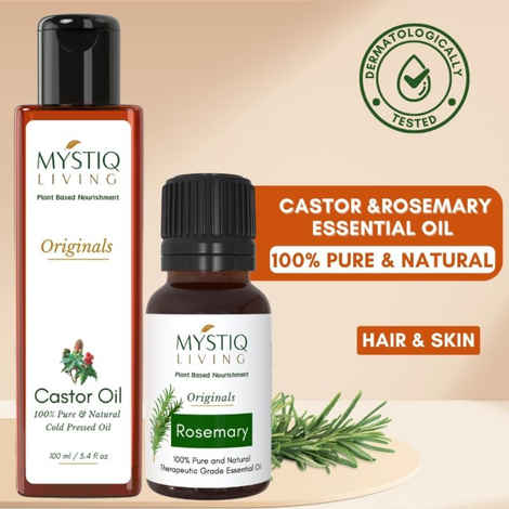 Buy Mystiq Living Rosemary Essential Oil & Castor Oil for Hair Growth & Hair Fall Control Oil, Rosemary Oil -15 ml, Cold Pressed Castor Oil For Face, Eyebrows & Eyelashes Growth -100 ml (Combo of 2) - Purplle
