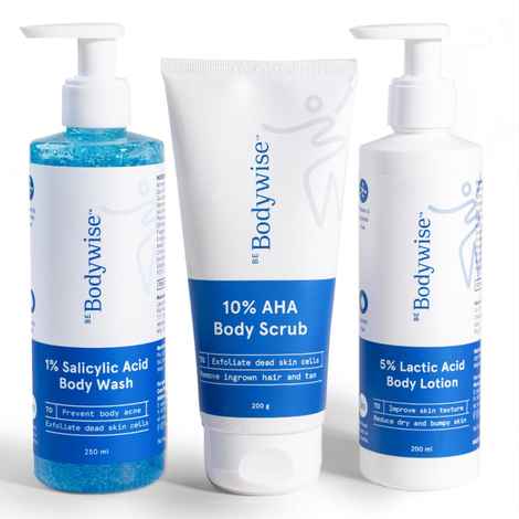 Buy Be Bodywise 16% Actives Strawberry Skin Pack Fights Keratosis Pilaris, Tiny Bumps & Strawberry Skin (Body wash 250 ml, scrub 200 gm & Body lotion 200 ml) Combo of 3 - Purplle