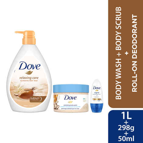 Buy Dove Pampering Care Trio (Shea Butter Body Wash with Vanilla (1 L) + Exfoliating Scrub Rice Milk & Macadamia (298 gm) + Women Original Roll On (50 ml)) Combo of 3 - Purplle