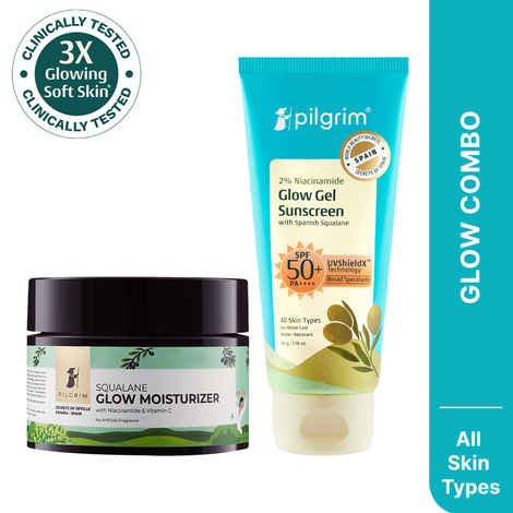 Buy Pilgrim Glow Duo – Squalane Glow Moisturizer (50 gm) & Niacinamide Sunscreen SPF 50 (50 gm) | Hydrates, Brightens & Protects | Lightweight & Non-Greasy | For Glowing Skin | For Men & Women, Skincare Kit, Combo of 2 - Purplle