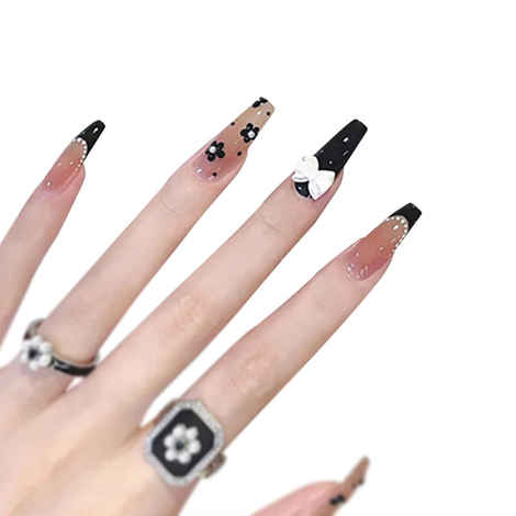 Buy Secret Lives Acrylic Artifical Reusable Fake Nail Set Translucent Pink & Black Color with Pearls 3D Bow Luxury Long Lasting Stick on 24 Pc Nails with Kit - Purplle