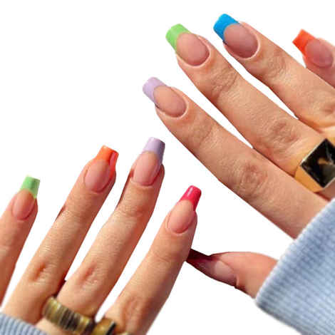 Buy Secret Lives Glossy Reusable Acrylic Artifical Fake False Press on Nails Green Orange Purple Pink Blue Color Combo Luxury 24 Pc Set with Kit - Purplle