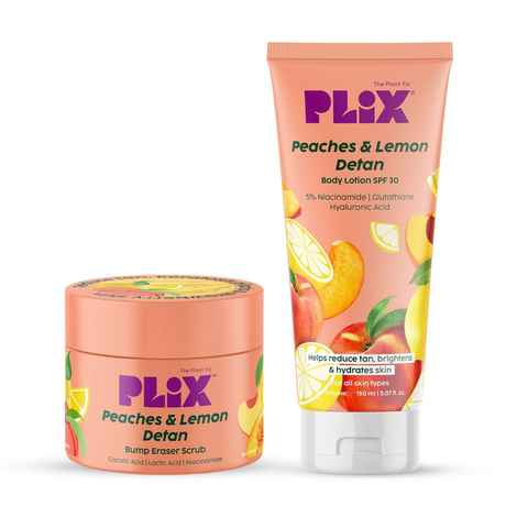 Buy PLIX Peaches & Lemon Detan Pair with Bump Eraser Body Scrub (200 gm) & SPF30 Body Lotion (150 ml) Combo of 2 - Purplle