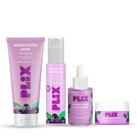 Buy PLIX Jamun Active Acne Range With Cleanser (100 ml), 2% Salicylic Acid Face Serum (30 ml), Smoothie Moisturizer (50 ml), & Toner(150 ml) l Reduces Active Acne l Detoxifies The Skin l Soothes Redness l All Skin Types, Combo of 4 - Purplle