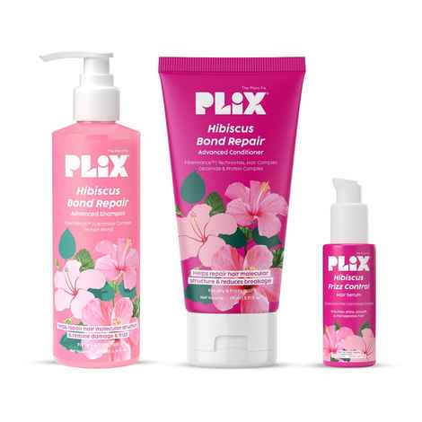Buy PLIX Hibiscus Frizz Control Hair Serum (50 ml) + Bond Repair Shampoo (200 ml) + Conditioner (175 ml) | Protects & Smoothes Frizzy Hair| 3x Strength with Fiberhance, Combo of 3 - Purplle