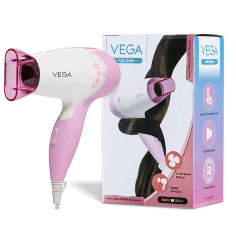 Buy VEGA Insta Glam Foldable 900-1200Watts Hair Dryer for Men & Women, 2 Heat/Speed Settings (Low & High), Perfect Blow Dry & Style, Compact Hair Dryer for Travel & Home Use (VHDH-20) Made In India 1 pc - Purplle