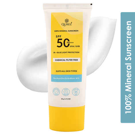 Qurez 100% Mineral Sunscreen SPF 50 PA+++ 50 gm | Lightweight, UVA UVB Broad Spectrum, Blue Light & IR Protection | for Oily, Dry, Sensitive, Acne-prone Skin | Water resistant | Kids Friendly