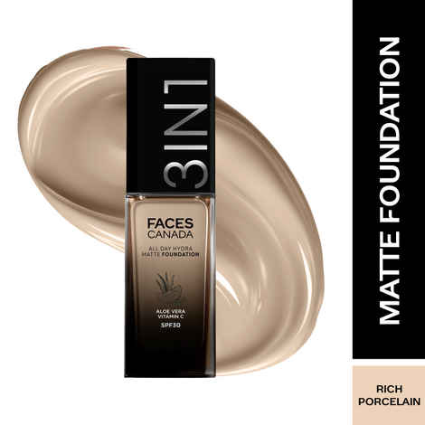 Buy FACES CANADA All Day Hydra Matte Foundation | 3-in-1 Foundation + Moisturizer + SPF 30 | 24 HR Aloe Hydration & Vitamin C | 10HR Long Wear | Medium to High Buildable Coverage | Rich Porcelain 010 | 30 ml - Purplle