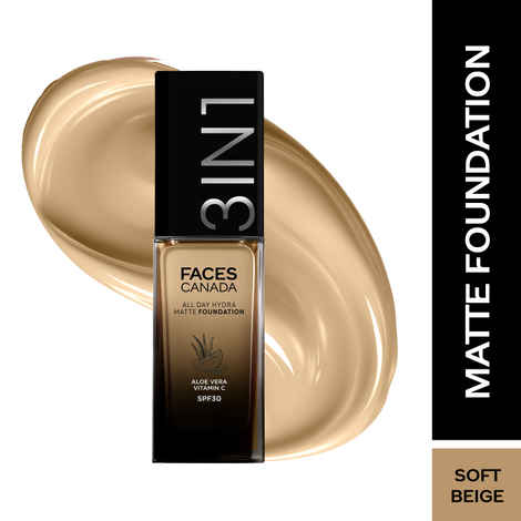 Buy FACES CANADA All Day Hydra Matte Foundation | 3-in-1 Foundation + Moisturizer + SPF 30 | 24 HR Aloe Hydration & Vitamin C | 10HR Long Wear | Medium to High Buildable Coverage | Soft Beige 033 | 30 ml - Purplle