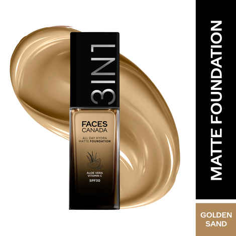 Buy FACES CANADA All Day Hydra Matte Foundation | 3-in-1 Foundation + Moisturizer + SPF 30 | 24 HR Aloe Hydration & Vitamin C | 10HR Long Wear | Medium to High Buildable Coverage | Golden Sand 043 | 30 ml - Purplle
