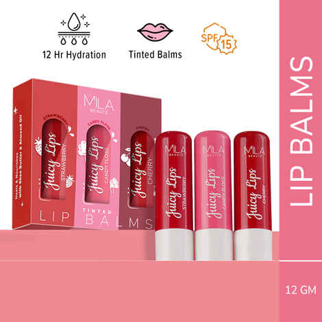 Buy Mila Beaute Tinted Juicy Lip Balms Pack of 3 with 12 Hrs Moisture Lock & SPF 15, 12 gm - Purplle