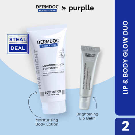 Buy DERMDOC Lip & Body Glow Duo (Combo of 2) | Hya-Bright Body Lotion (180 ml) | LipBright Treatment 1% Glutathione + 2.5% Arbutin Lip Balm (10 gm) - Purplle