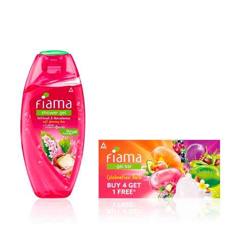 Buy Fiama Glow & Celebrate Combo of 2(Gel Bar Celebration Pack 5 bars + Patchouli & Macadamia Body Wash 250 ml) - Purplle