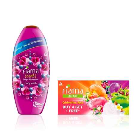 Buy Fiama Fresh Bloom Combo of 2(Gel Bar Celebration Pack 5 bars + Juniper & Geranium Scents Shower Gel 250 ml) - Purplle