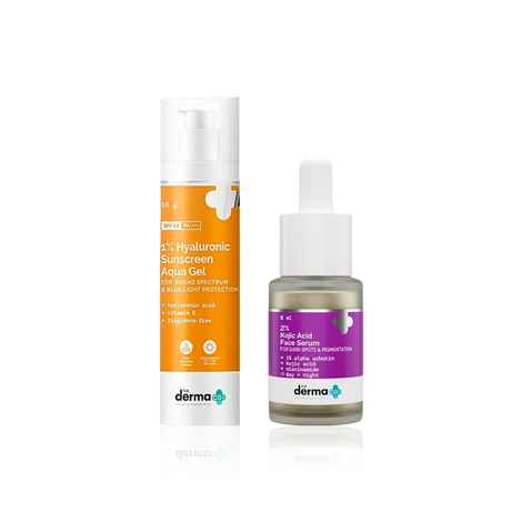 Buy The Derma Co Pigmentation Corrector & Ultimate Sun Defense Duo (2% Kojic Acid Serum (8 ml) to Fade Dark Spots + 1% Hyaluronic Sunscreen Aqua Gel SPF 50A PA++++ (50A gm) | Lightweight No White Cast Routine ) Combo of 2 - Purplle
