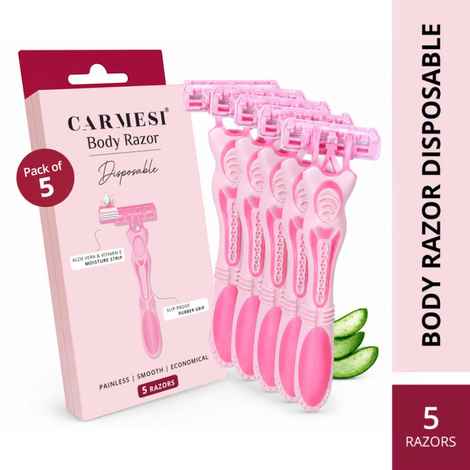 Buy Carmesi Disposable Body Razors for Women - Pack of 5 | Aloe Vera & Vitamin E Moisture Strip For Smooth & Painless Hair Removal | Slip-Proof Rubber Grip | Safe, Hygienic & Economical - Purplle