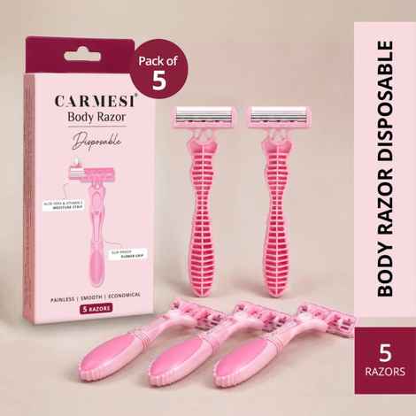Carmesi Disposable Body Razors for Women - Pack of 5 | Aloe Vera & Vitamin E Moisture Strip For Smooth & Painless Hair Removal | Slip-Proof Rubber Grip | Safe, Hygienic & Economical