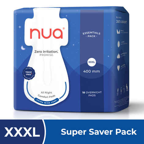 Buy Nua All Night Comfort Sanitary Pads | Pack of 18 (XXXL 400mm) | Extra Wide Core | Front to Back Coverage | Upto 12 Hours of Absorption | Super Soft and Breathable | No Rashes | 100% Toxic-Free - Purplle