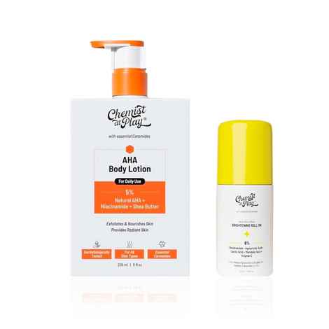 Buy Chemist at Play Skin Brightening Duo | Evens tone and reduces pigmentation |Neck, Knee & Elbow Roll-On (40 ml) + AHA Body Lotion (236 ml) Combo of 2 - Purplle