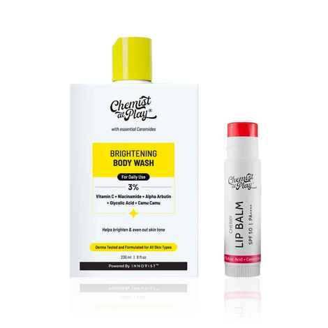 Buy Chemist at Play Sun-Kissed Care Duo | Repairs lips & protects skin with SPF 50+ | Cherry Lip Balm with Kojic Acid (4.5 gm) + Bright Boost SPF Body Lotion (236 ml) Combo of 2 - Purplle