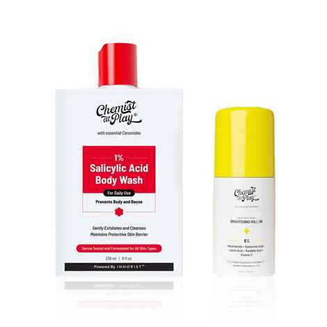 Buy Chemist at Play Bright Skin Essentials Duo | Smoothens skin and targets pigmentation | 1% Salicylic Acid Body Wash (236 ml) + Neck, Knee & Elbow Brightening Roll-On (40 ml) Combo of 2 - Purplle