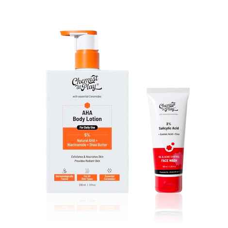 Buy Chemist at Play Acne Care Duo | Combats acne and restores smooth, even skin | Acne Control Face Wash (100 ml) + AHA Body Lotion (236 ml) Combo of 2 - Purplle