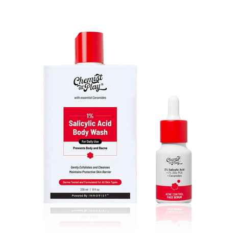Buy Chemist at Play Clarifying & Smooth Skin Duo | Treats acne, unclogs pores and refines skin texture | 1% Salicylic Acid Body Wash (473 ml) + 2% Salicylic Acid Face Serum (10 ml) Combo of 2 - Purplle