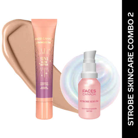 Buy FACES CANADA Strobe Skincare Combo for Instant Glow | Strobe Serum, 15 ml + CC Tint - Sunset Glaze, 18 ml | SPF 30 | Removes Dark Spots | Dewy Highlighter Like Glow | For Light To Medium Skin | Pack of 2 - Purplle