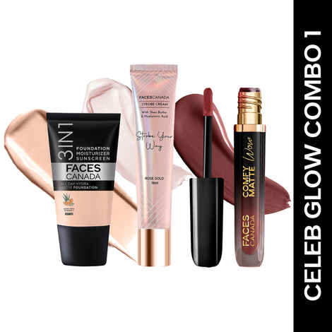 Buy FACES CANADA Celeb Glow Combo | Strobe Cream - Rose Gold, 18 ml + Hydra Matte Foundation - Rose Ivory, 18 ml + Comfy Matte Wow - Cocoa Crush, 3.8 ml | SPF 30 | Highlighter | Highly Pigmented | Buildable Coverage | Pack of 3 - Purplle