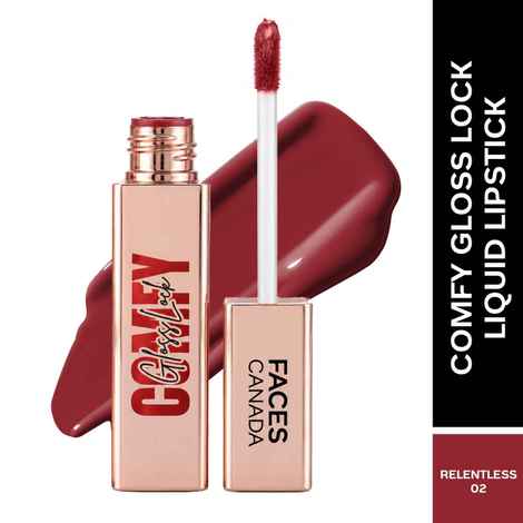 Buy FACES CANADA Comfy GlossLock Liquid Lipstick - Relentless 02, 4 ml | Rich Vinyl Shine | Glass Lip Effect | Hyaluronic Acid & Shea Butter | Non-Sticky | Lightweight | Transfer Resistant | Nourishing | Long Stay - Purplle