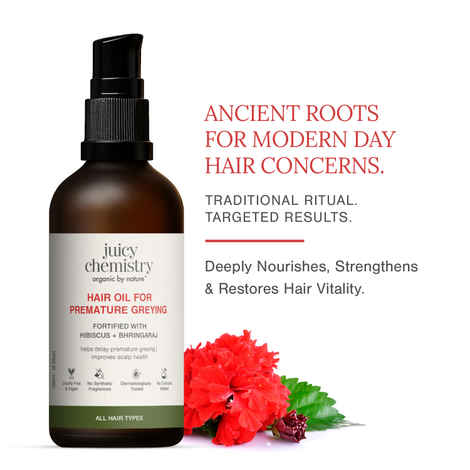 Buy Juicy Chemistry Hair Oil for Premature Greying with Hibiscus & Bhringaraj, 100 ml | Hydrating & Nourishing Hair Oil | Improves Scalp Health | Deeply Conditions | Improves Hair Texture | Dermatologically Tested - Purplle