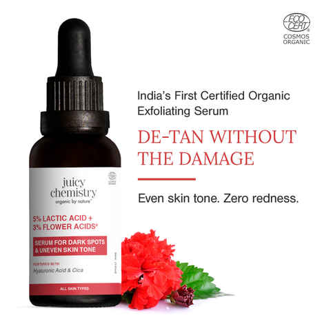 Juicy Chemistry 5% Lactic Acid + 3% Flower Acids Serum, 30 ml | Gentle Exfoliating & Brightening Face Serum | Reduces Dark Spots & Pigmentation | Smooth & Glowing Skin | Lightweight | Dermatologically Tested