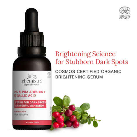 Juicy Chemistry 2% Alpha Arbutin + D-Gallic Acid Serum, 30 ml | Brightens Skin | Fades Dark Spots & Hyperpigmentation | Soothes Redness & Inflammation | Prevents Breakout | Smooth & Glowing Skin | Dermatologically Tested