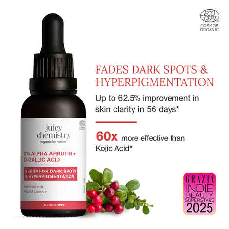 Buy Juicy Chemistry 2% Alpha Arbutin + D-Gallic Acid Serum, 30 ml | Fades Pigmentation, Dark Spots & Acne Scars | Hydrates & Brightens Skin Tone | Lightweight | All Skin Types | Dermatologically Tested - Purplle