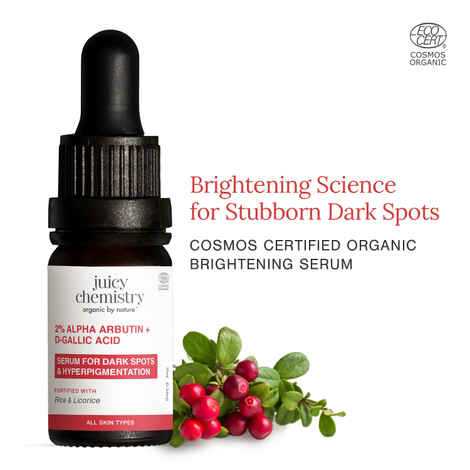 Buy Juicy Chemistry 2% Alpha Arbutin + D-Gallic Acid Serum, 10 ml | Brightens Skin Tone | Fades Dark Spots & Acne Scars | Soothes Irritation, Breakouts & Redness | Lightweight | All Skin Types | Dermatologically Tested - Purplle