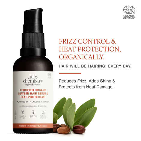 Juicy Chemistry Certified Organic Leave-in Hair Serum & Heat Protectant, 30 ml | Nourishes & Protects Hair | Prevents Dryness & Fizz | Adds Natural Shine | With Jojoba & Almond Oil | Dermatologically Tested | Cruelty Free & Vegan