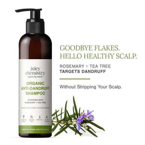 Buy Juicy Chemistry Organic Anti-Dandruff Shampoo with Rosemary & Tea Tree, 200 ml | Reduces Itchy Scalp & Flakiness | Controls Dandruff | Smoother & Shinier Hair | Suitable for Daily Use | Dermatologically Tested - Purplle