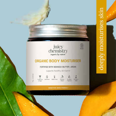 Buy Juicy Chemistry Organic Body Moisturiser Fortified with Mango Butter + Argan, 75 gm | Deeply Hydrates & Softens Dry Skin | Certified Organic, Alcohol-Free & Non-Greasy - Purplle