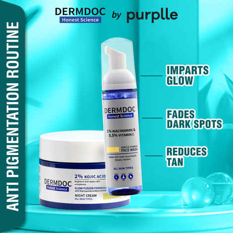 Buy DERMDOC by Purplle 1% Niacinamide & 0.5% Vitamin C Foaming Face Wash for Glowing Skin (80 ml) | 2% Kojic Acid Night Cream with Niacinamide & Alpha Arbutin for Skin Brightening (50 gm) - Purplle
