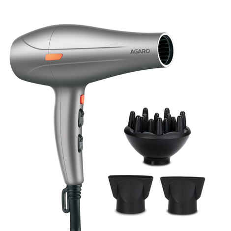 Buy AGARO HD-1124 2400 Watts Professional Hair Dryer with AC Motor, 2 Concentrator Nozzle, Diffuser, Hot and Cold Air, 2 Speed 3 Temperature Settings with Cool Shot for Both Men and Women, Silver - 1 pc - Purplle