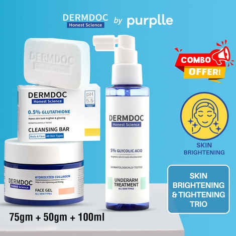 Buy DERMDOC Skin Brightening & Tightening Trio (Combo of 3) | Hydrolyzed Collagen Face Gel (50gm) | 5% Glycolic Acid Underarm Treatment Spray (100ml) | 0.5% Glutathione Cleansing Soap Bar (75gm) - Purplle