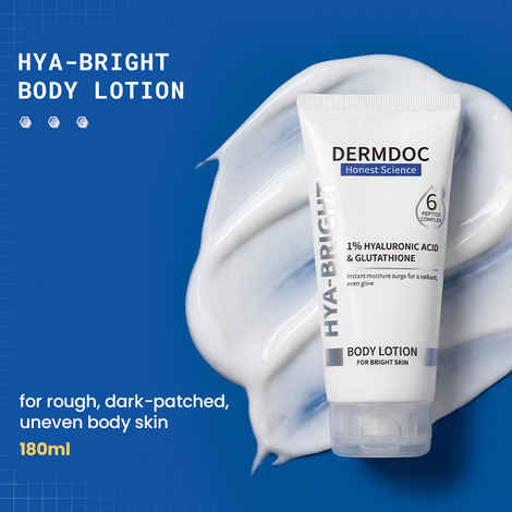 Buy DERMDOC Hya-Bright Body Lotion (180 ml) | With Glutathione, Hyaluronic Acid, Peptides & Niacinamide | Deep Moisturization | Evens Skin Tone | Non-Greasy | For Normal, Dry & Combination Skin - Purplle