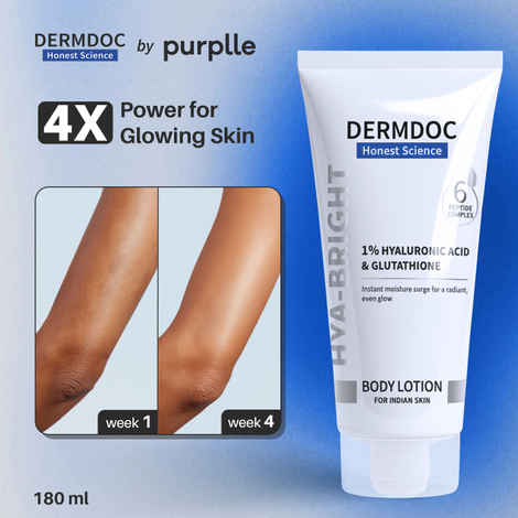 Buy DERMDOC Hya-Bright Body Lotion (180 ml) | With Glutathione, Hyaluronic Acid, Peptides & Niacinamide | Deep Moisturization | Evens Skin Tone | Non-Greasy | For Normal, Dry & Combination Skin - Purplle