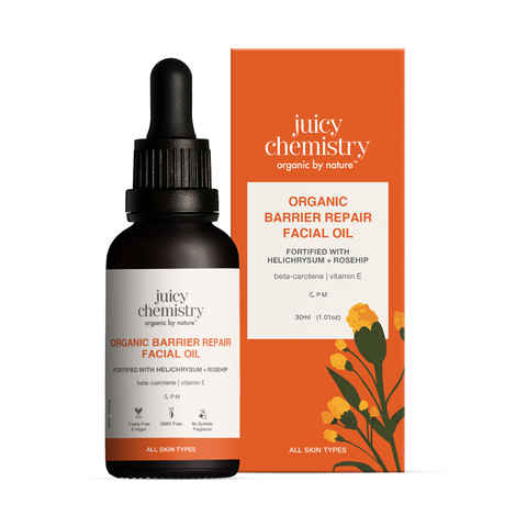Buy Juicy Chemistry Organic Barrier Repair Facial Oil with Helichrysum + Rosehip, 30 ml | Repairs Skin Barrier | Reduces Pigmentation & Dark Spots | Boosts Glow | Promotes Even Skin Tone | Dermatologically Tested - Purplle