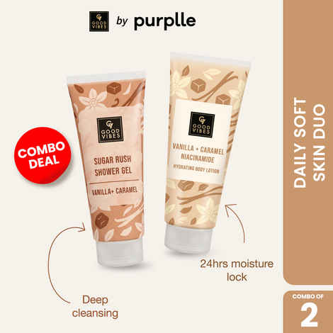 Buy Good Vibes Daily Soft Skin Duo (Combo of 2) | Vanilla & Caramel Sugar Rush Shower Gel Vanilla & Caramel Niacinamide Hydrating Body Lotion | Warm Dessert-Like Fragrance | Soft, Smooth, Hydrated Skin | Bath & Body Care Set – 200 ml x 2 - Purplle