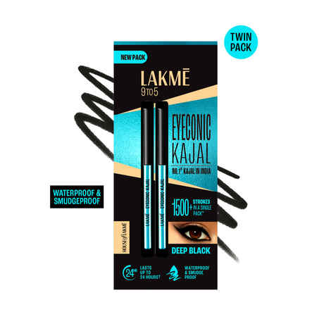 Buy Lakme 9 to 5 Eyeconic Kajal Twin Pack, lasts upto 24hrs, Pack of 2- Deep Black, 0.35 gm + 0.35 gm - Purplle