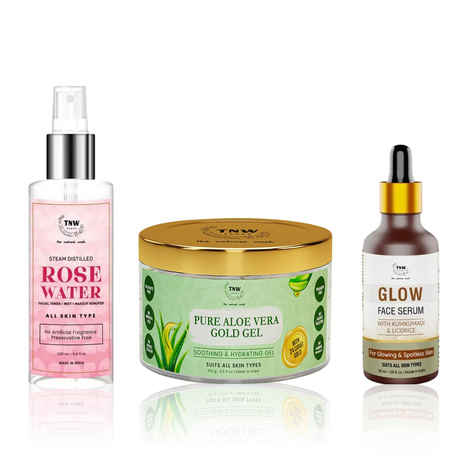 Buy TNW The Natural Wash Pure Aloe Vera Gold Gel 100 gm & Rose Water Spray Bottle 200 ml & Glow Face Serum 30 ml | Combo of 3 - Purplle