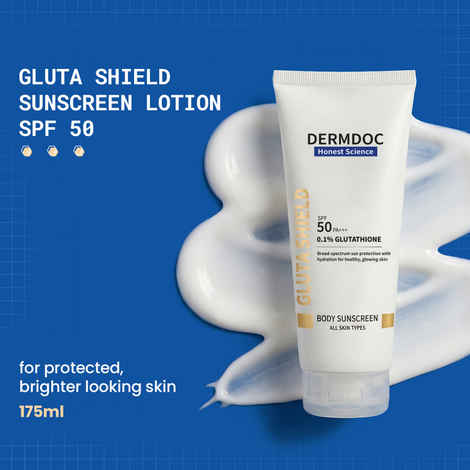 Buy DERMDOC Gluta Shield Body Sunscreen Lotion SPF 50 PA+++ | Body Lotion with SPF | Broad Spectrum UVA & UVB Protection | With Glutathione & Hyaluronic Acid | Brightening & Hydrating | Lightweight Non-Sticky Formula | All Skin Types | 175 ml - Purplle