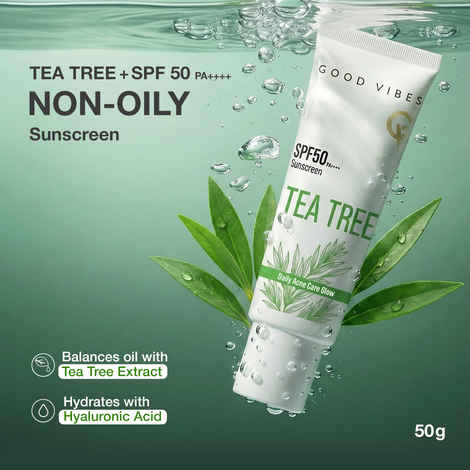 Buy Good Vibes Tea Tree SPF 50 PA++++ | Daily Acne Care Glow | Non-Oily Sunscreen | Oil Control & No White Cast | Lightweight Hydration | Broad Spectrum UV Protection | For Oily Skin | 50 gm - Purplle