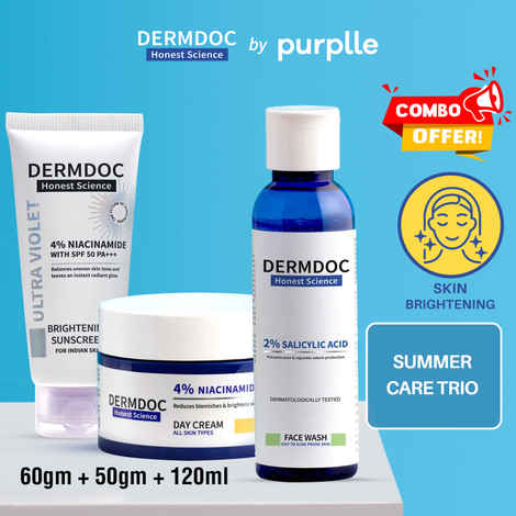 Buy DERMDOC Summer Care Trio (Combo of 3) | 2% Salicylic Acid Face Wash (120 ml) | 4% Niacinamide Day Cream (50 gm) | 4% Niacinamide Ultra Violet Brightening Sunscreen with SPF 50 PA+++ Sun Protection (60 gm)A - Purplle